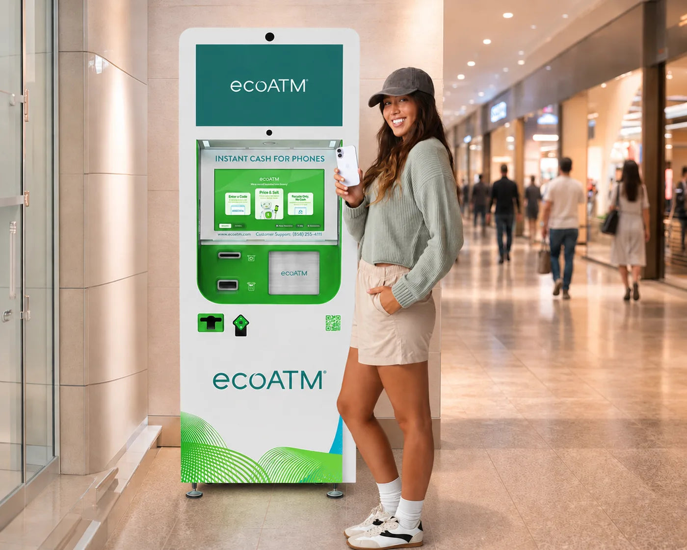 A customer holding a phone beside an ecoATM kiosk in a mall